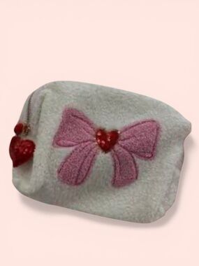 Spritz Plush Fleece Pink Bow Zipper Pouch Red Puffer Heart Charm Viral NWT HTF